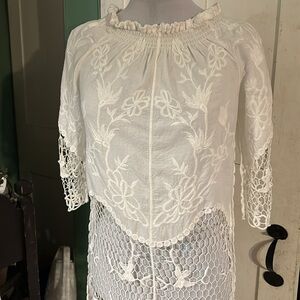 3/$50EC Santoori Lace & WhiteonWhite Embroidery Dress Elastic Neck Top Romantic